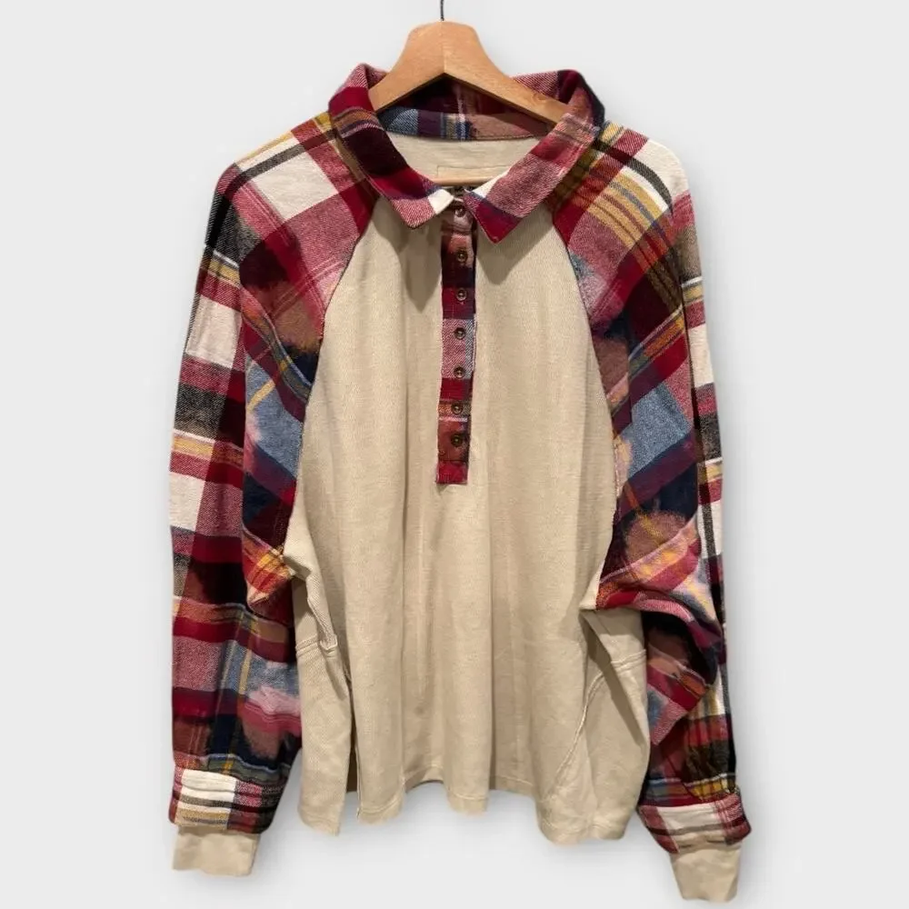 NEW FREE PEOPLE Isabelle Plaid Trim Thermal Henley In Mink Combo Size Large